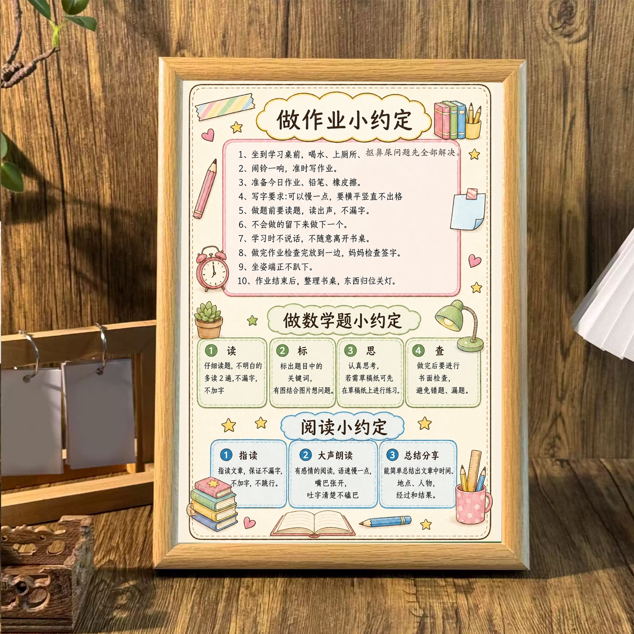 做作业小约定做作业的规矩送孩子自律书法相框摆件学习桌装饰摆台