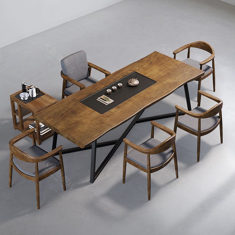 现代简约铁艺实木茶桌茶盘一体泡茶桌椅组合乌金石V家用茶台大板