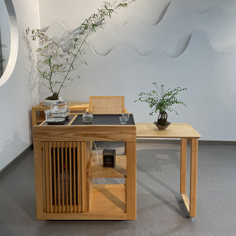 北欧白蜡木实木泡茶桌乌金石茶盘下水功夫茶台带S电磁炉烧水原木