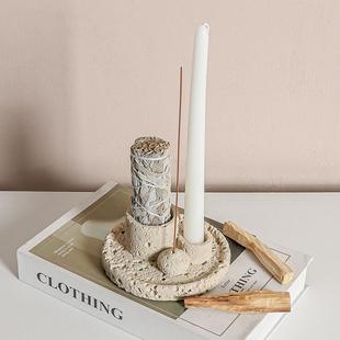 水泥火山石蜡烛台侘寂风秘鲁圣木鼠尾草线香底座家居烛台摆件托盘