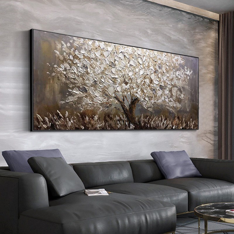 大芬村手绘油画发财树横版客厅装饰画轻奢抽象立体沙发背景墙挂画图片