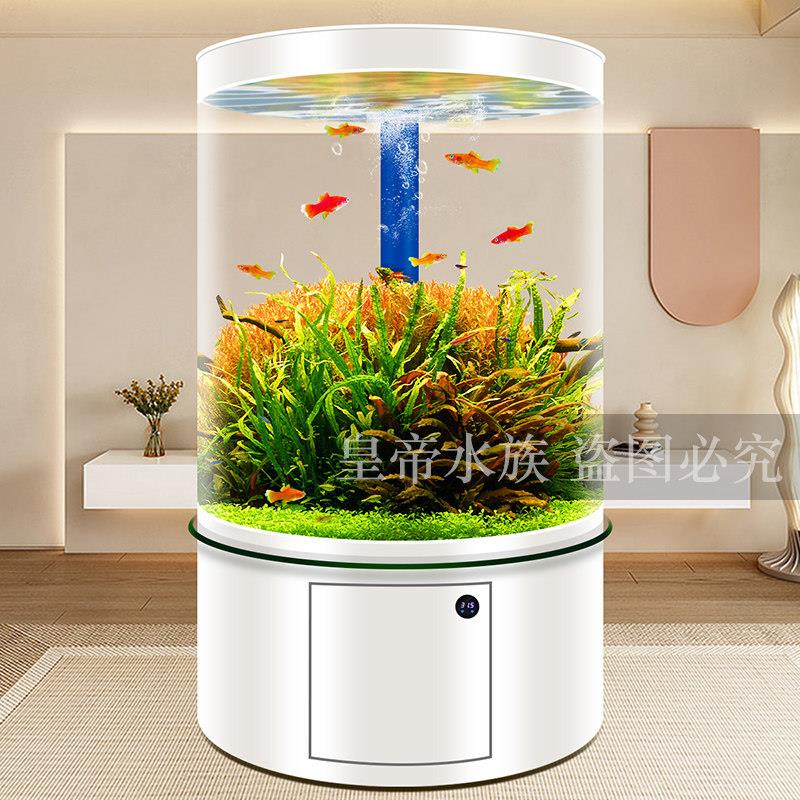 圆柱形玻璃鱼缸客厅2026新款家用落地金鱼缸底滤水族箱全圆中大型