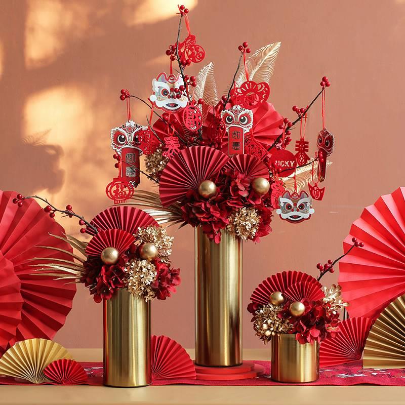 2026马年新年插花摆件客厅花冬青红果发财果装饰过年春节年宵花