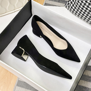 女夏款 秋季 粗跟单鞋 2025新款 尖头高跟鞋 气质中跟职业黑色工作鞋