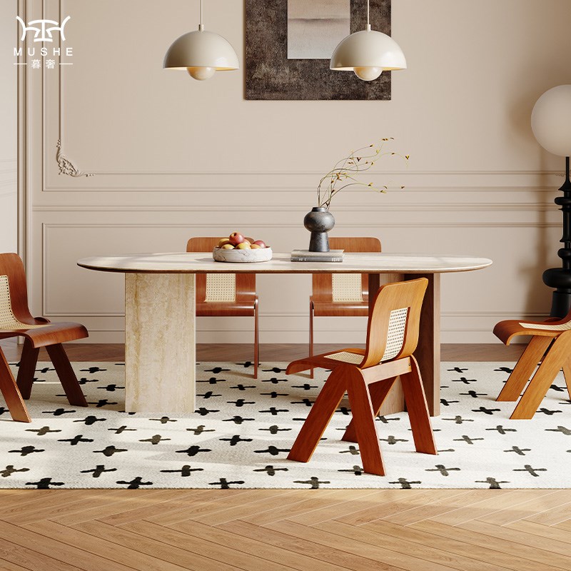 暮奢法式复古小户型椭圆洞石岩板餐桌椅简中古黑胡桃木设计师餐桌