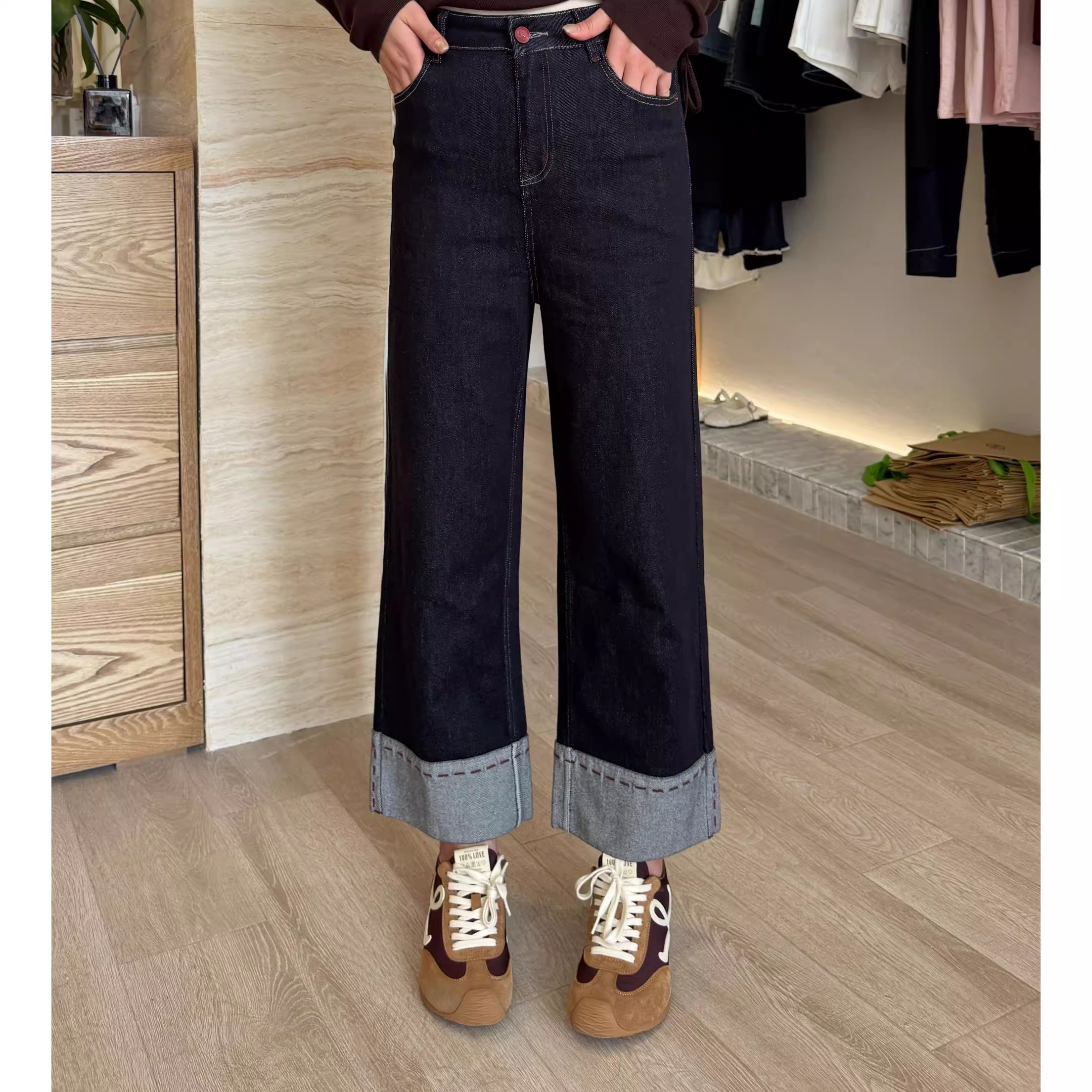 NANJIE/楠姐蛋卷裤琥珀流光风25年女秋季九分拼边牛仔裤XNS6561