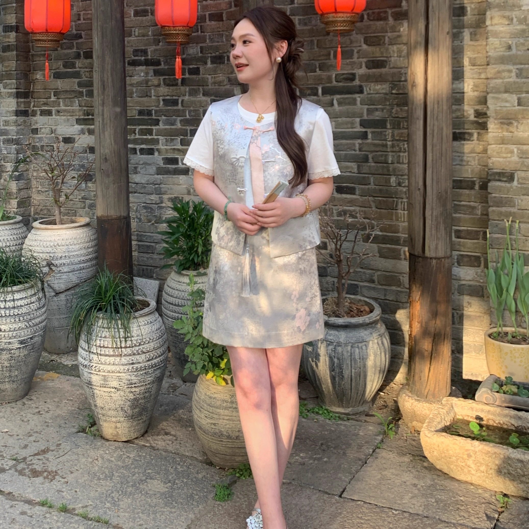 NANJIE/楠姐【冷香晚芙】白T夏季重工设计感新中式时尚T恤XNS6337