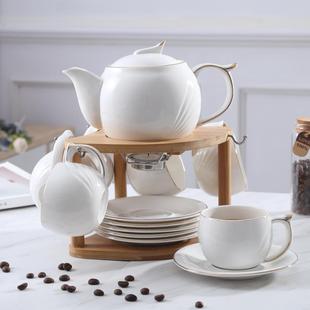 家用客厅轻奢下午茶茶具日式 陶瓷咖啡杯碟套装 可加热花茶壶带木架