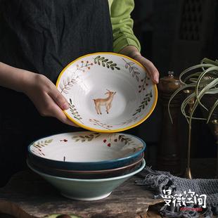 陶瓷创意餐盘餐具手绘可爱面碗汤碗复古猫咪斗笠碗 动物碗盘套装
