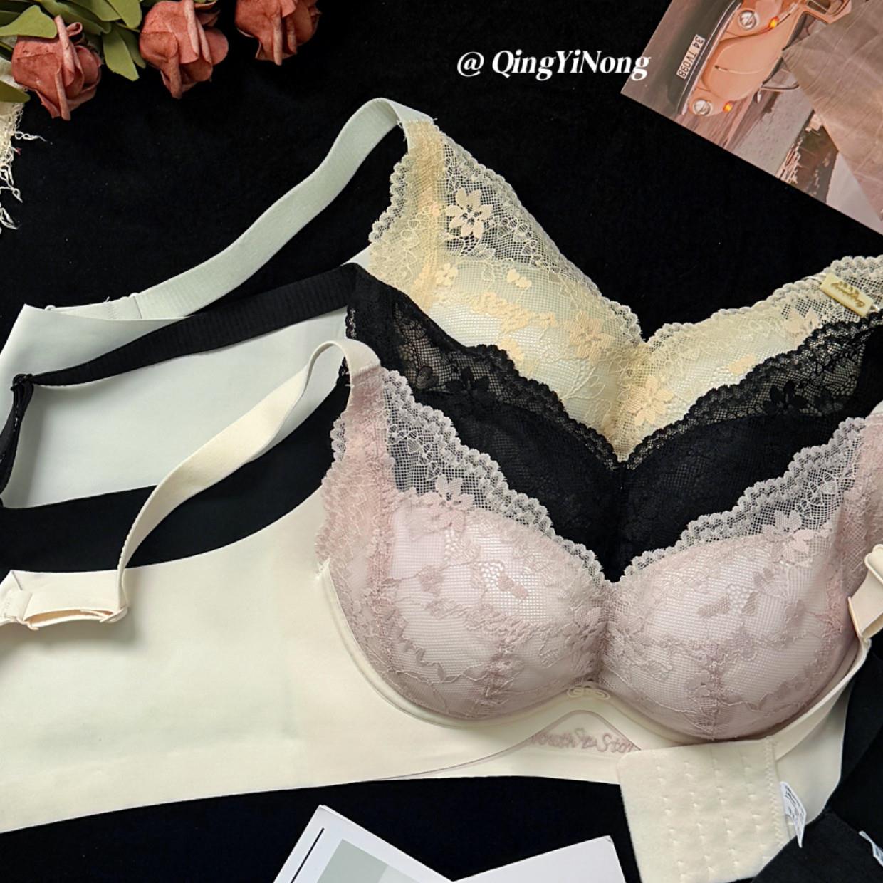 法式蕾丝少女聚拢无痕无钢圈文胸女中厚收副乳无痕调整型内衣1906