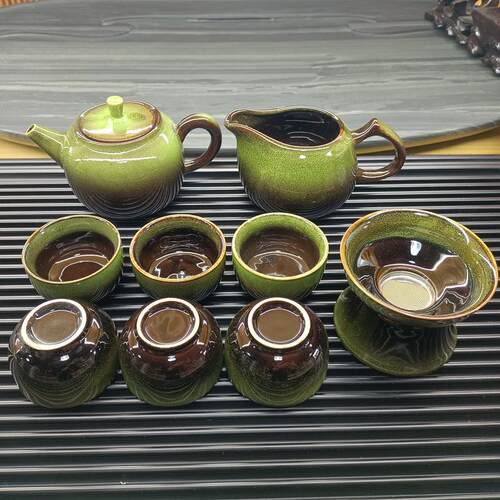 钧窑窑变墨绿色功夫茶具套组高档盖碗泡茶青瓷茶壶杯送礼家用办公