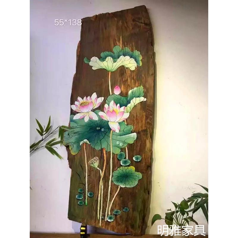禅意荷花风化木板画客厅墙面装饰画卧室餐厅沙发挂画复古手绘樟木图片
