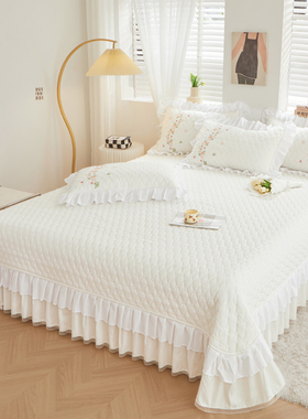 韩式花边纯色夹棉床盖件白色公主风G榻榻米床铺盖三件套四季通用