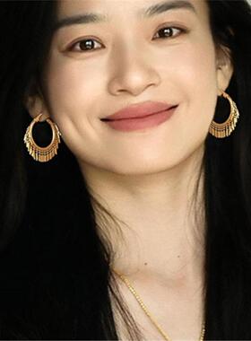 法式高级质感流苏耳环女小众设计夸张气质大圈耳圈时髦精致耳饰品