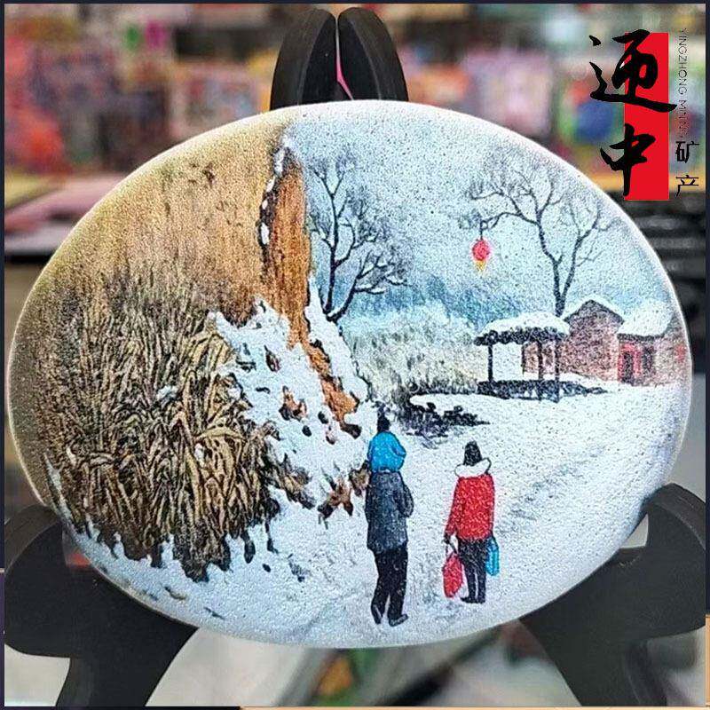 半手工绘画石随型天然石头风景人物摆件学生礼品室内摆件办公家用