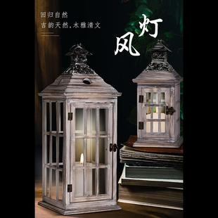 复古蜡烛台木质防风灯落地摆件刷白做旧铁艺婚礼道具家居饰品 欧式