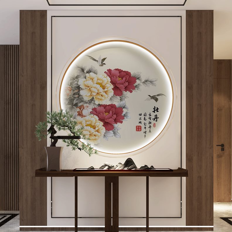 圆形画芯墙纸壁纸壁画沙发背景墙墙布牡丹装饰画玄关走廊客厅中式图片