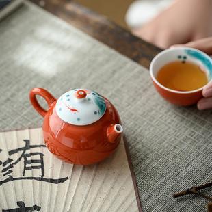 纯手绘鱼戏泡茶壶釉下彩陶瓷家用迷你小壶精致一人用文人小壶 日式