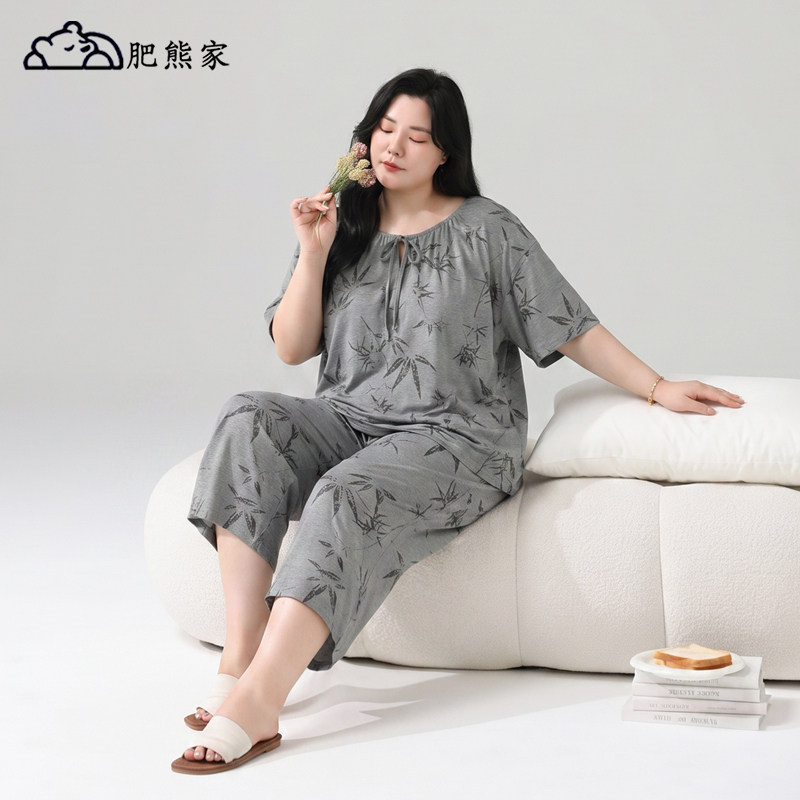 肥熊家加肥加大码睡衣女夏季纯棉七分裤宽松夏款家居服胖mm 200斤