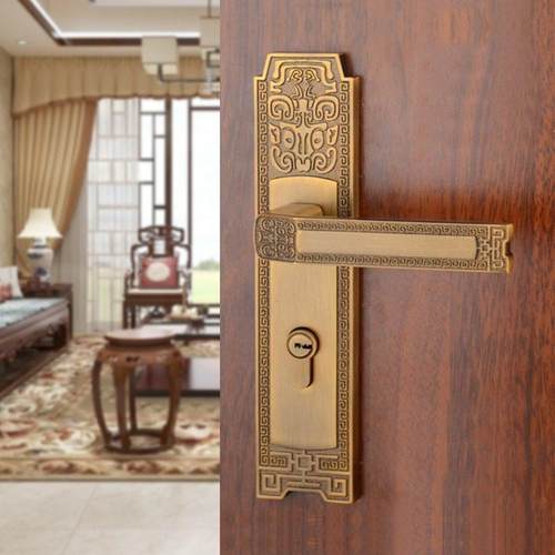 新中式房门锁卧室房门锁黄古铜家用门把手彷古磁吸静音实木门锁