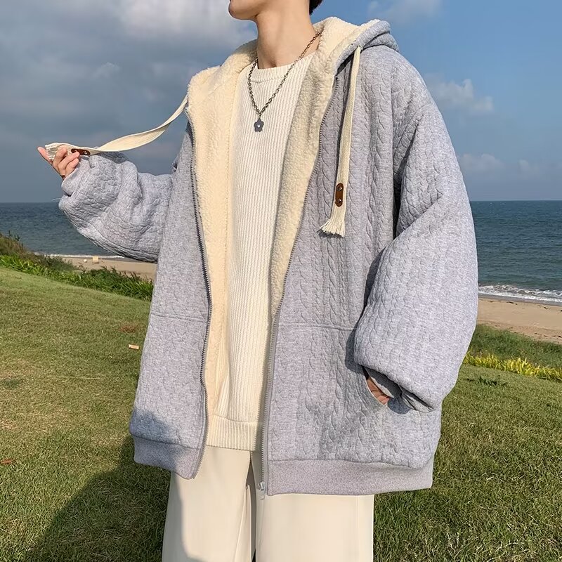 羊羔毛绒外套男日系加绒加厚情侣卫衣