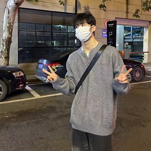 V37美式慵懒感V领打底衫毛衣男款秋季潮牌复古纯色宽松针织套头衫