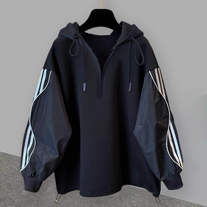 纯色条纹拼接半拉链连帽卫衣男女秋季韩版潮流学生中性风套头外套