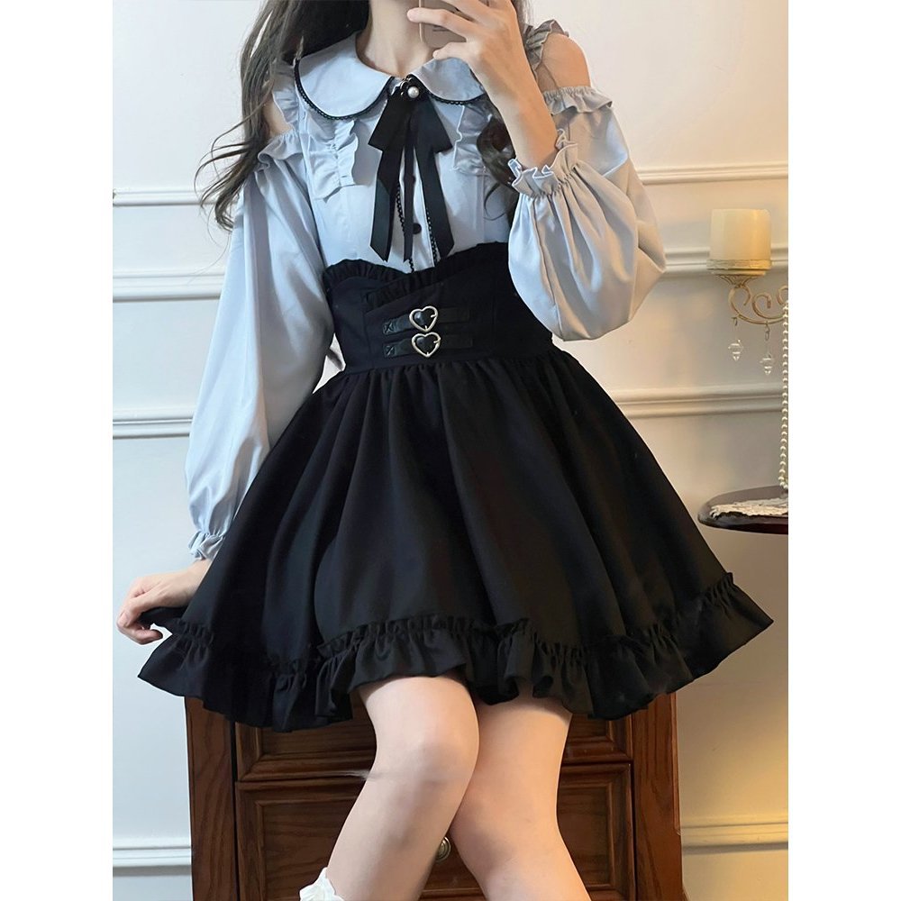 日本原单rojita系蕾服梦展望娃娃领露肩长袖衬衫女春秋季甜辣黑裙