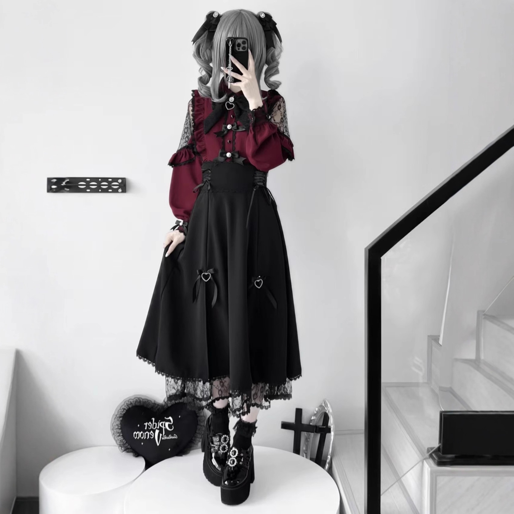 日本原单lizlisa系量产型洛丽塔蕾服蕾丝蝴蝶结衬衫高腰半身裙