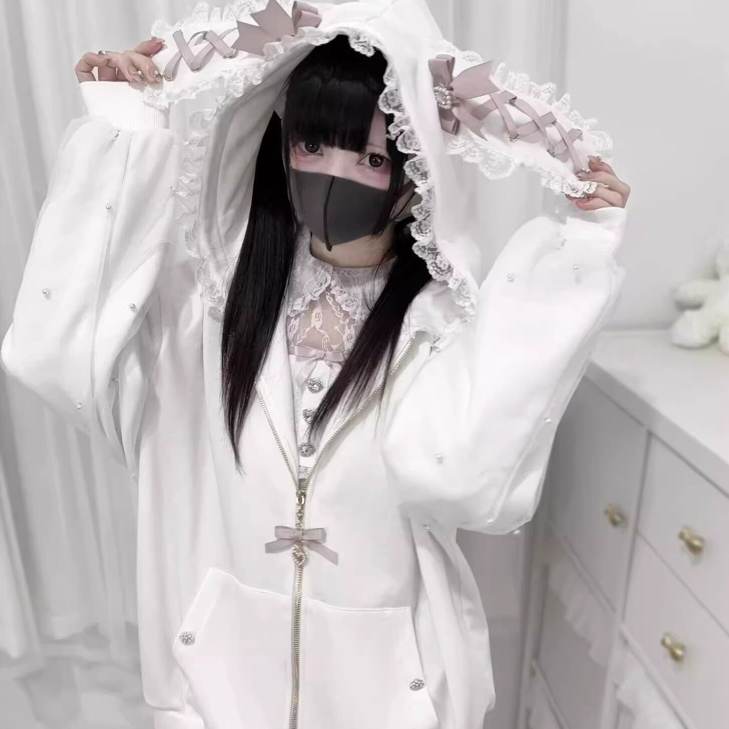 日单蕾服日系量产型lizlisa风格甜美少女兔耳朵连帽珍珠秋冬外套