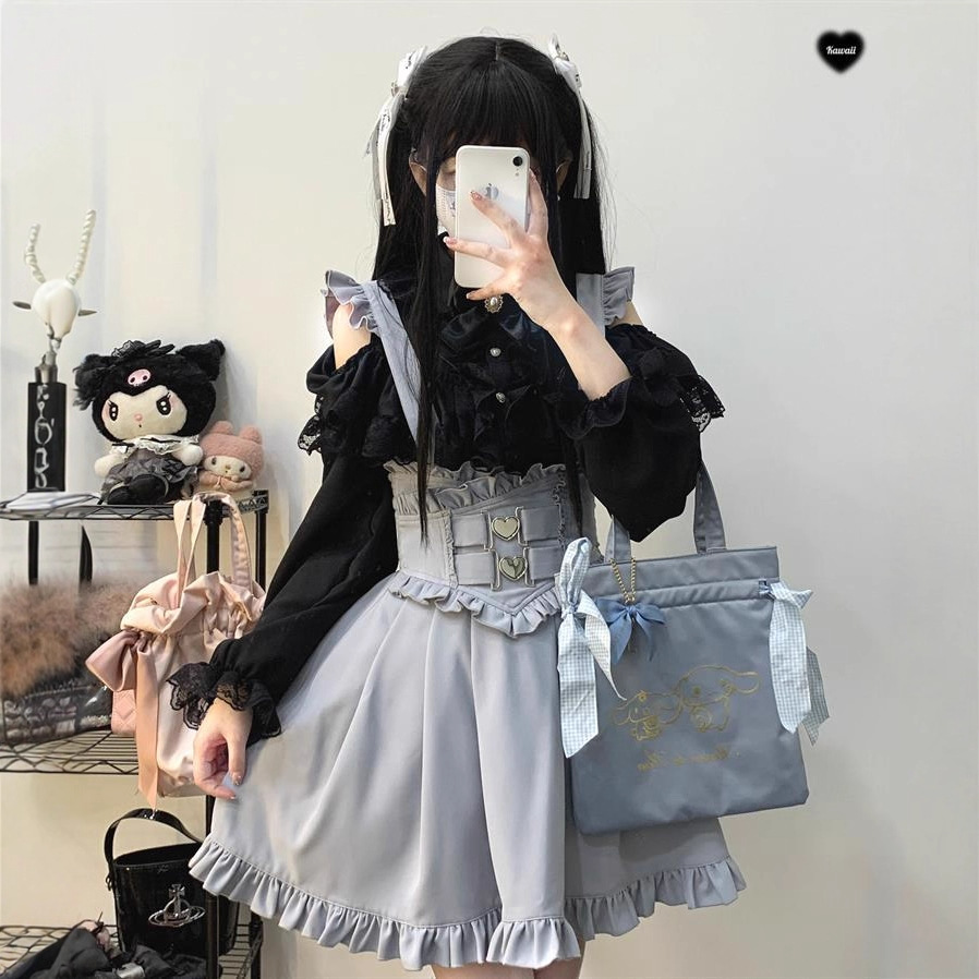 日本原单rojita系蕾服梦展望春秋蕾丝蝴蝶结镂空袖衬衫背带蕾蕾裙