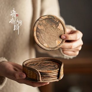 防烫隔热垫杯托茶具配件 清山胡同手工竹编缎面茶杯垫家用复古中式