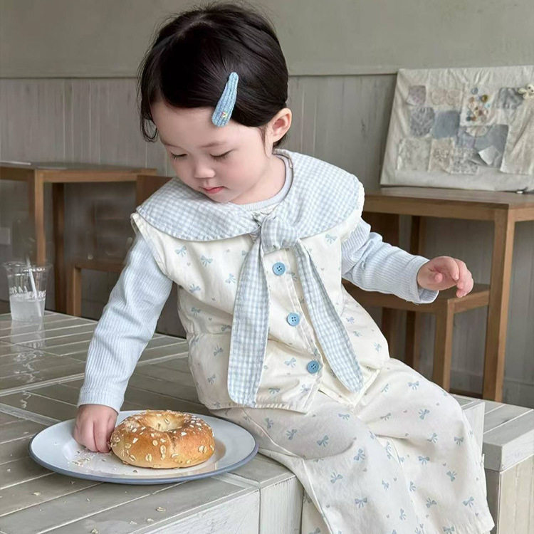儿童套装2025秋季新款韩版女童学院风蝴蝶结马甲+直筒裤子两件套