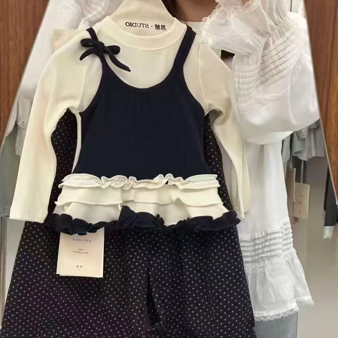 女童长袖打底衫2025春秋女孩吊带拼接T恤波点阔腿裤叠穿套装秋装