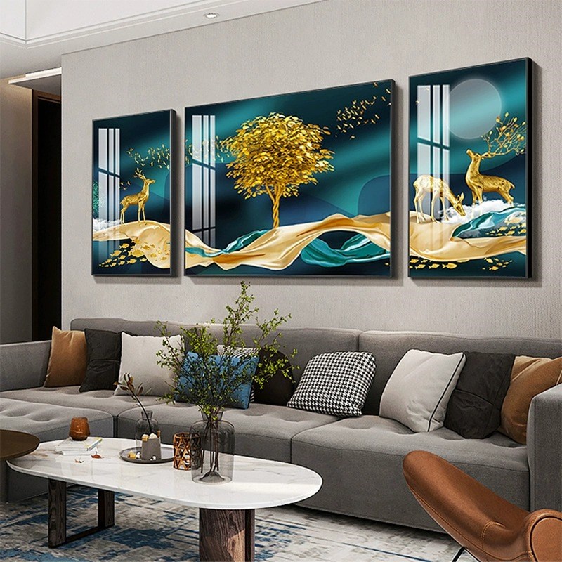晶瓷镶钻客厅装饰画沙发背景墙三联画现代简约挂画高端轻奢墙壁画图片
