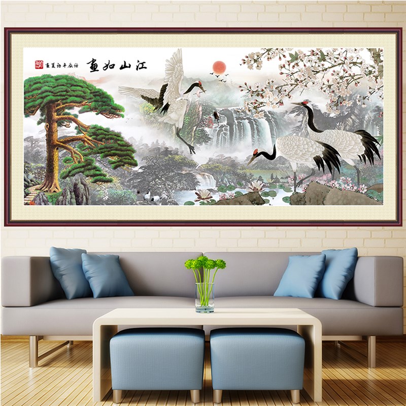 江山如此多娇壁画自粘油画布墙贴中式风景山水靠山图国客厅装饰画