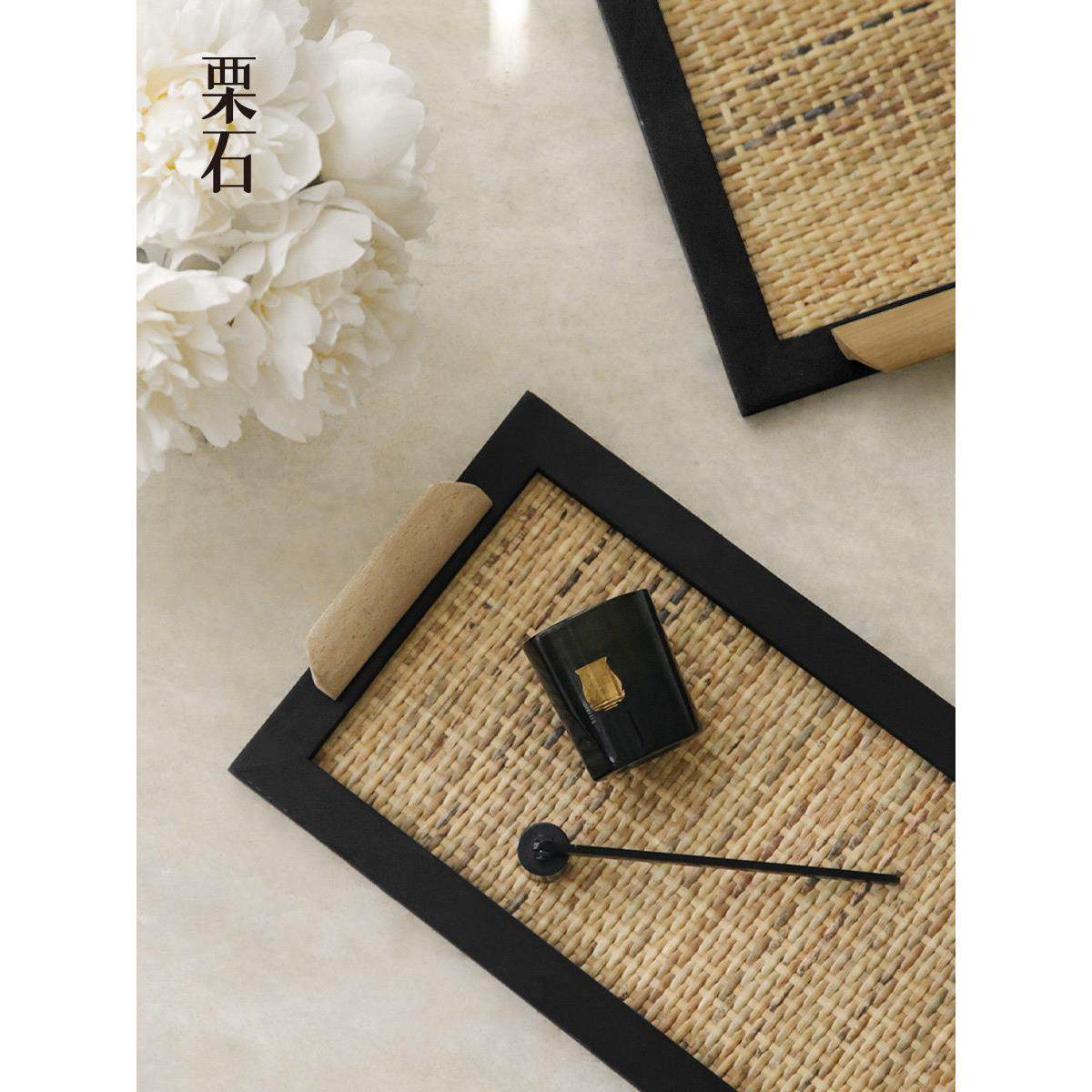 栗石侘寂风木质藤编托盘摆件覆古中式民宿茶室客厅置物盘收纳茶盘,餐饮具,茶盘,淘宝优惠券,粉丝福利购,淘宝优惠卷