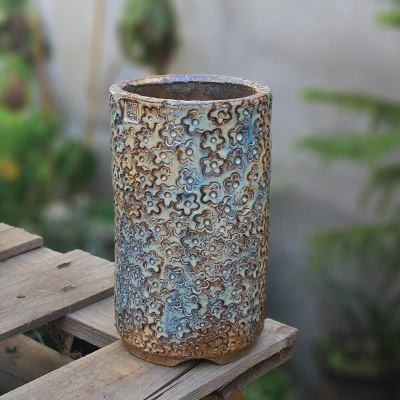 “印象派”精品高端花器古铜粗陶全手工印纹高款老桩创意窑变花盆