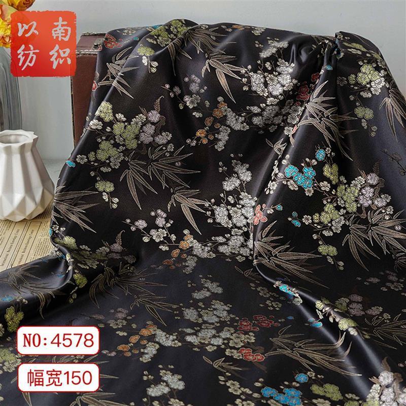 新国风竹叶色织缎面旗袍洋装布料复古礼服质感唐装垂坠提花面料