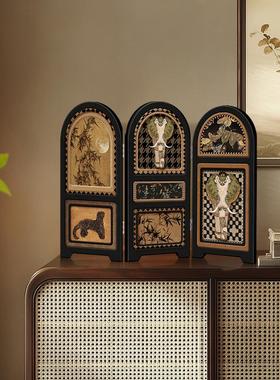 中古风桌面小屏风摆件高级感小众客厅电视柜家居装饰入户玄关摆画