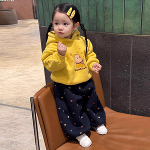 女童加绒卫衣套装2025新款秋冬季儿童卡通上衣条纹裤两件套