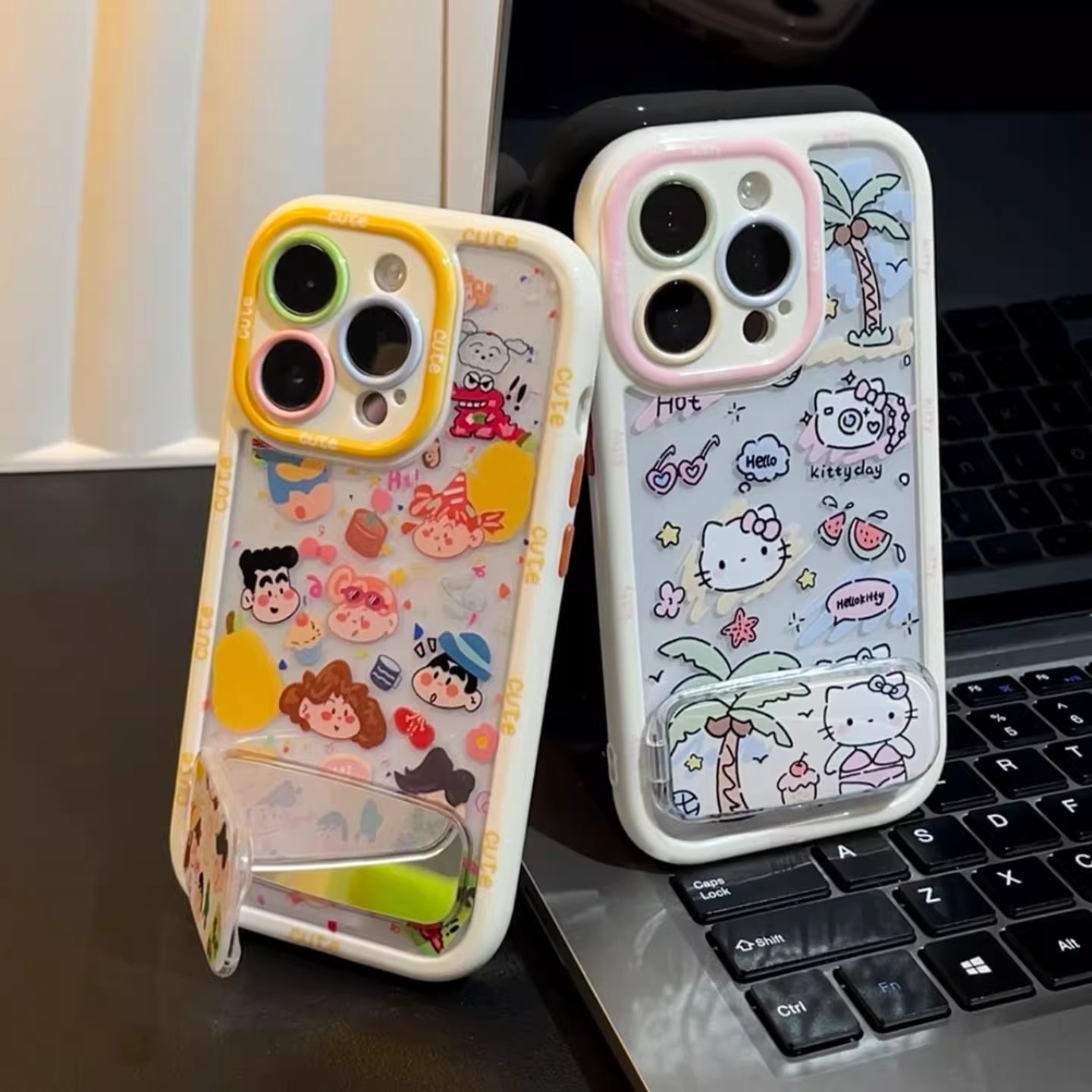 情侣插画小新椰树凯蒂支架适用苹果16Pro手机壳iPhone15max小米14华为mate70pura80k60nova13荣耀200vivox100