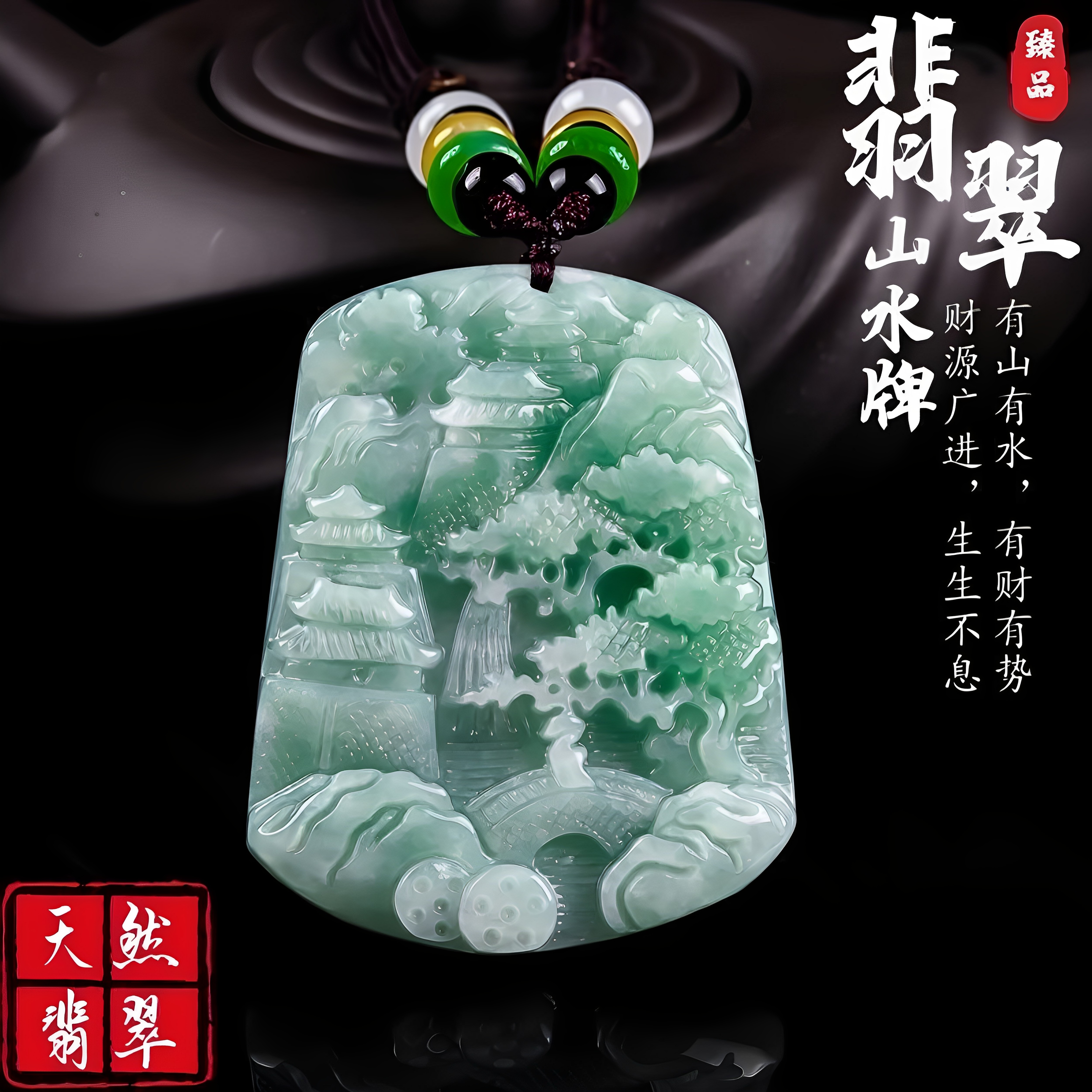 缅甸正品天然翡翠吊坠山水玉石牌子牌吊挂件男女招财糯种玉佩玉器