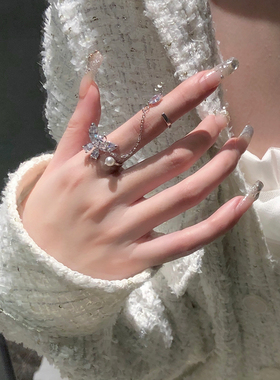 BXA花蝴蝶珍珠戒指女小众设计高级C感轻奢时尚个性锆石开口戒ins