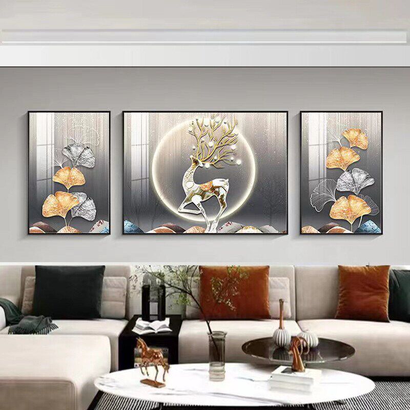 客厅装饰画晶瓷轻奢高级感钻石3D壁画三联沙发背景墙麋鹿挂画七彩