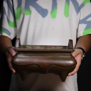 苏工纯铜朝冠耳马槽鼎炉香炉薰炉摆件家用紫铜长方形香炉盘香文案