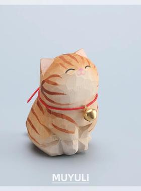 手工木雕虎斑猫丨小猫咪办公室工位电脑桌面摆件创意装饰品可爱女