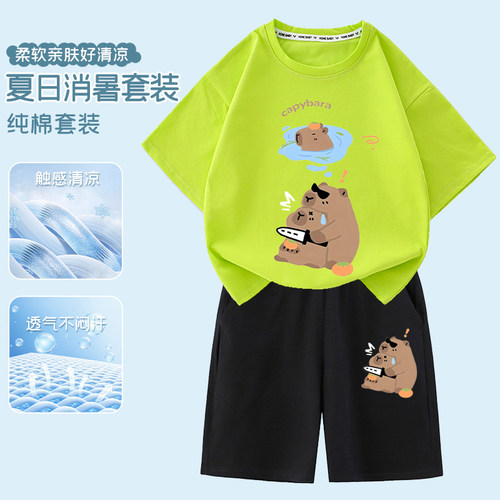 卡皮巴拉capybara印花衣服男女童夏季休闲套装儿童纯棉短袖短裤潮