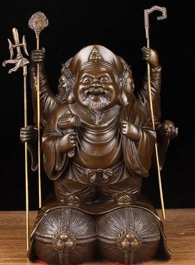 铜三面大黑天财神佛像摆件大黑天菩萨像铜摆件招手财神本命佛像