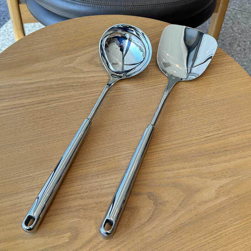 太漂亮瞭！高档加厚不锈钢中式铁锅铲汤勺漏勺套装家用5a镜面抛光